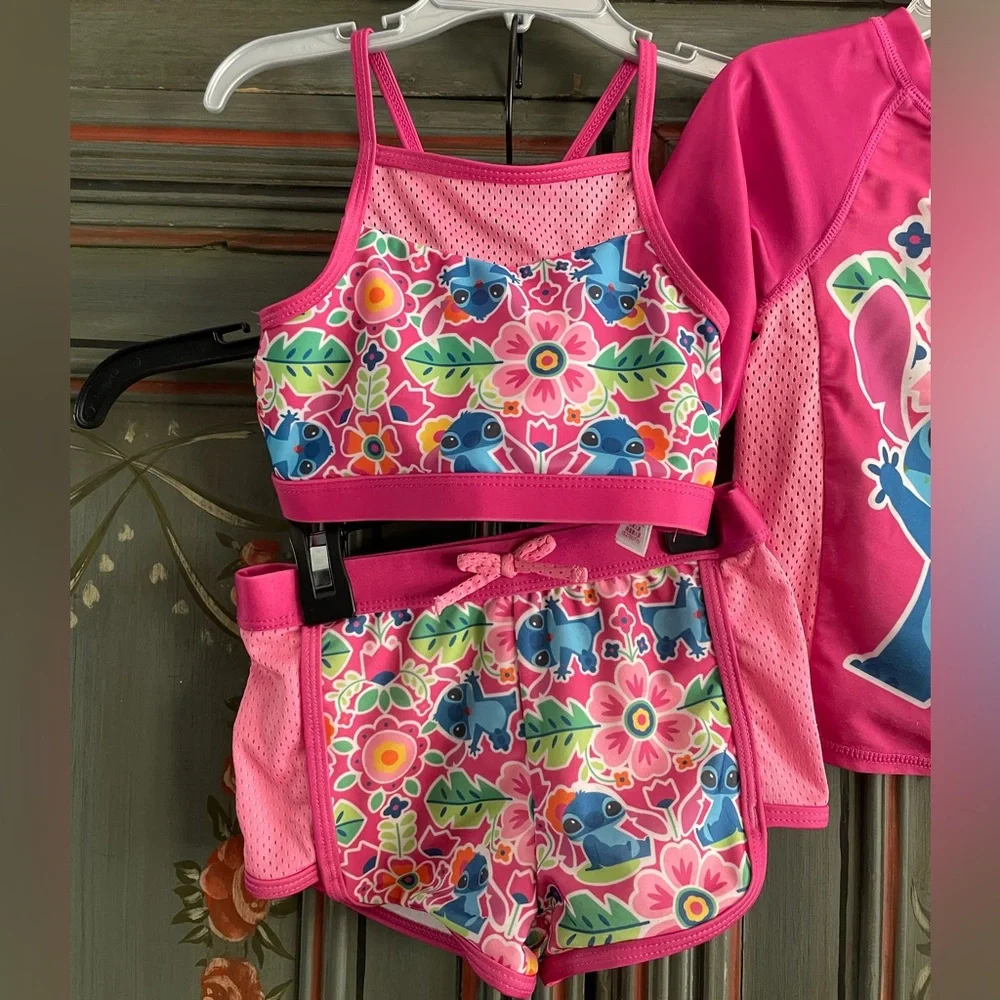 Stitch 3 PC Rash Guard Swimsuit Set Girl Size 5/6 - Picture 3 of 12
